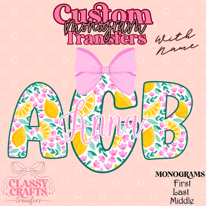 Lemon Pink Floral - Custom Monogram Transfer