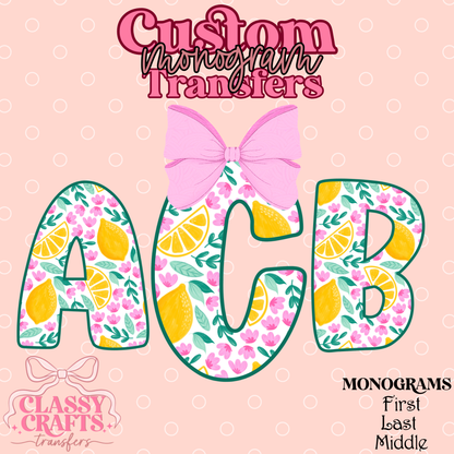 Lemon Pink Floral - Custom Monogram Transfer