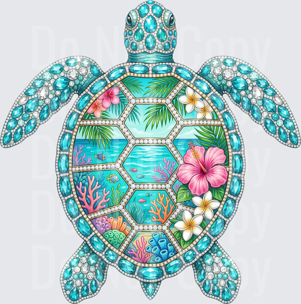 Jeweled Sea Turtle with Tropical Ocean Scene Shell Pattern (DTF)