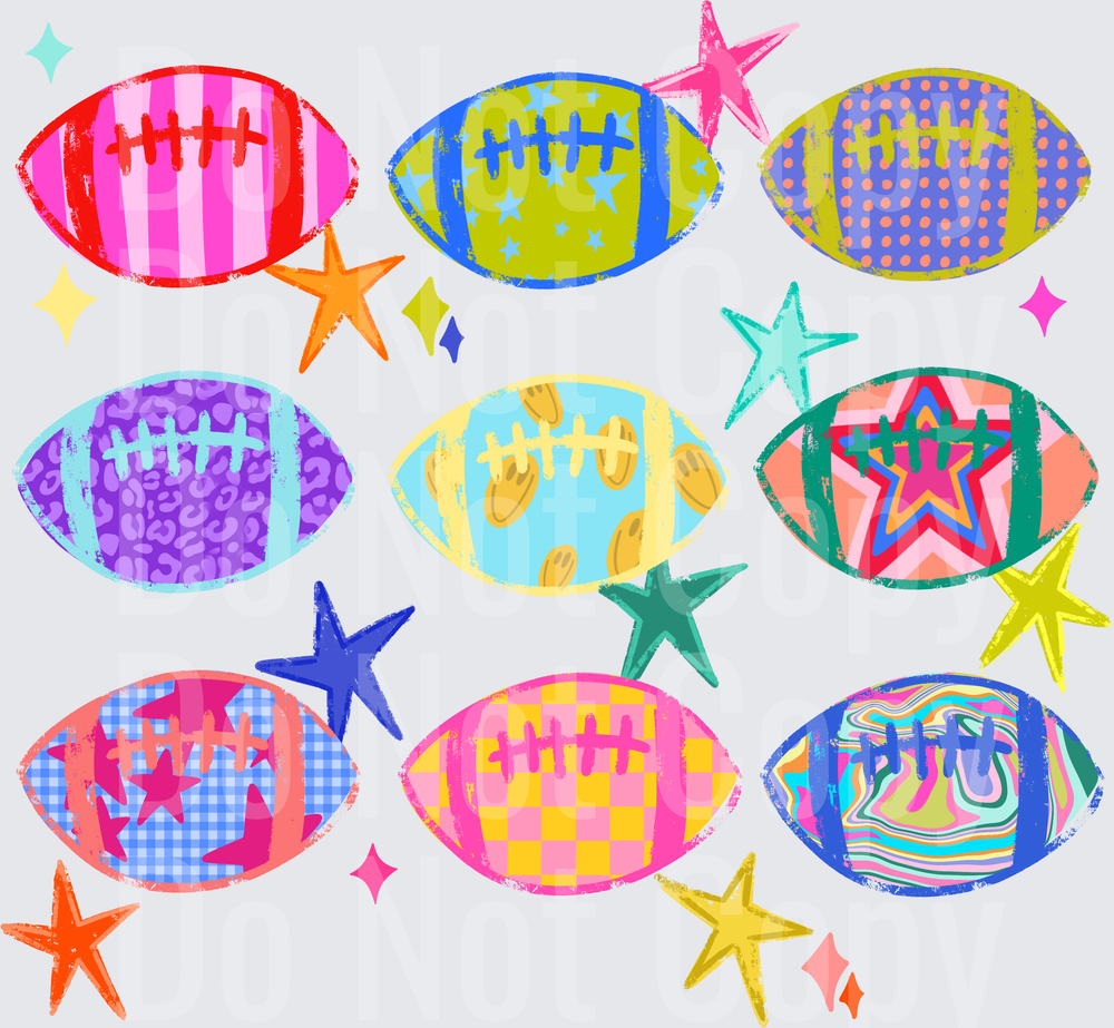 Colorful Patterned Football Collage with Stars (DTF)
