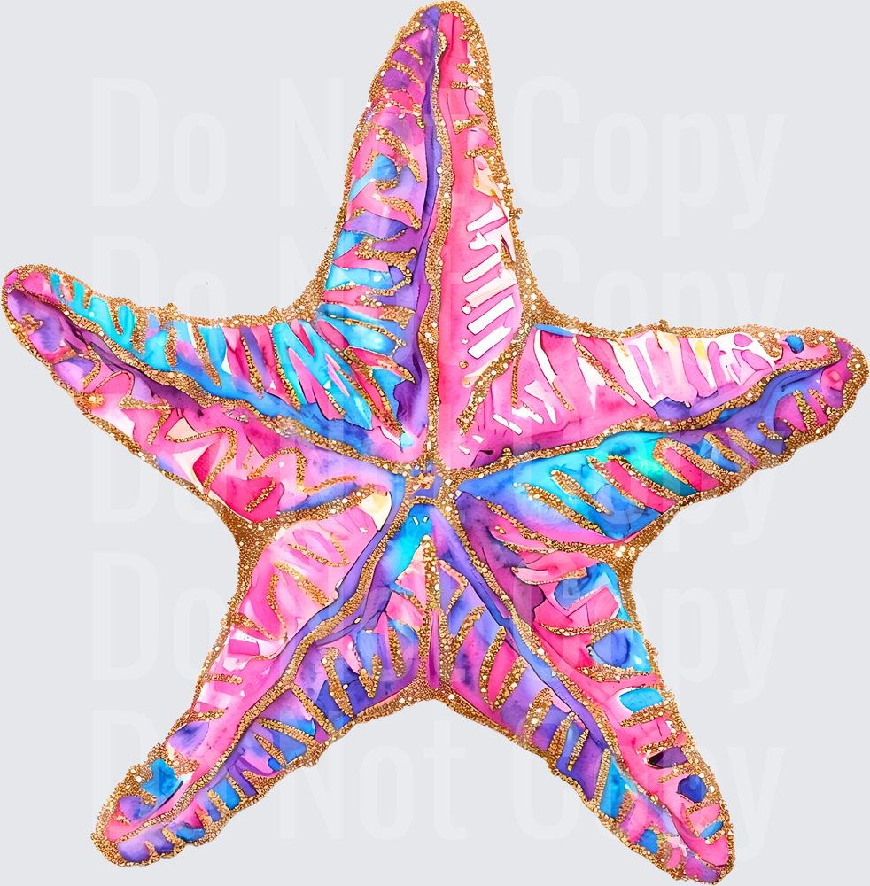 Colorful Starfish with Gold Glitter Outline and Vibrant Pattern ( DTF)