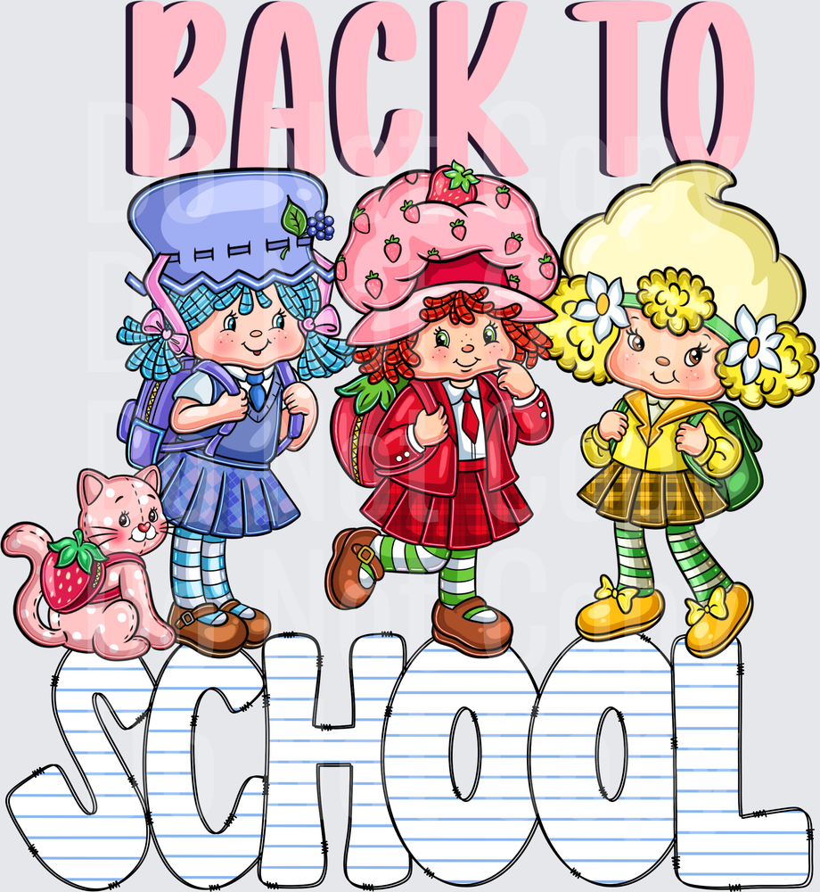 Back To School Retro Cartoon Girls with Cat (DTF)