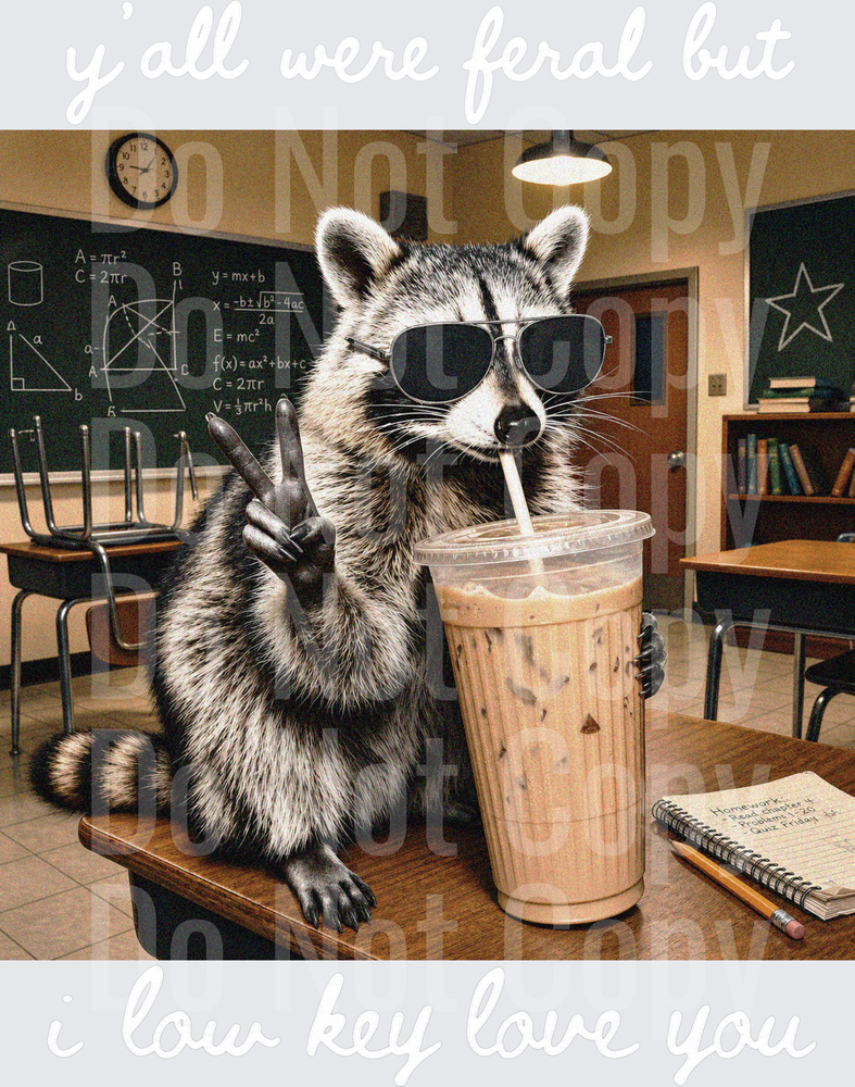 Cool Raccoon with Sunglasses Drinking Coffee in Classroom Making Peace Sign (DTF)