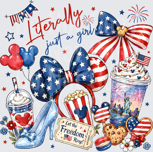Literally Just a Girl Patriotic Fourth of July American Flag Design (DTF)