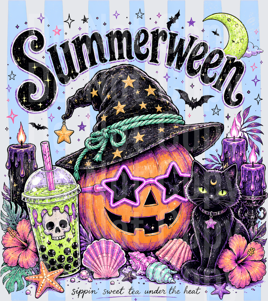 Summerween Jack-O-Lantern Black Cat Witch Hat Boba (DTF)