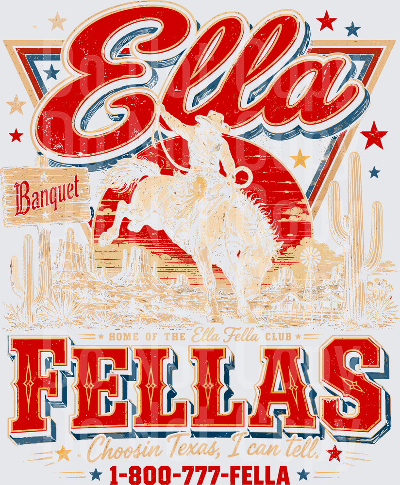 Ella Fella - Vintage Western Rodeo Cowboy Bucking Bronco Desert Scene with Red White Blue Stars (DTF)