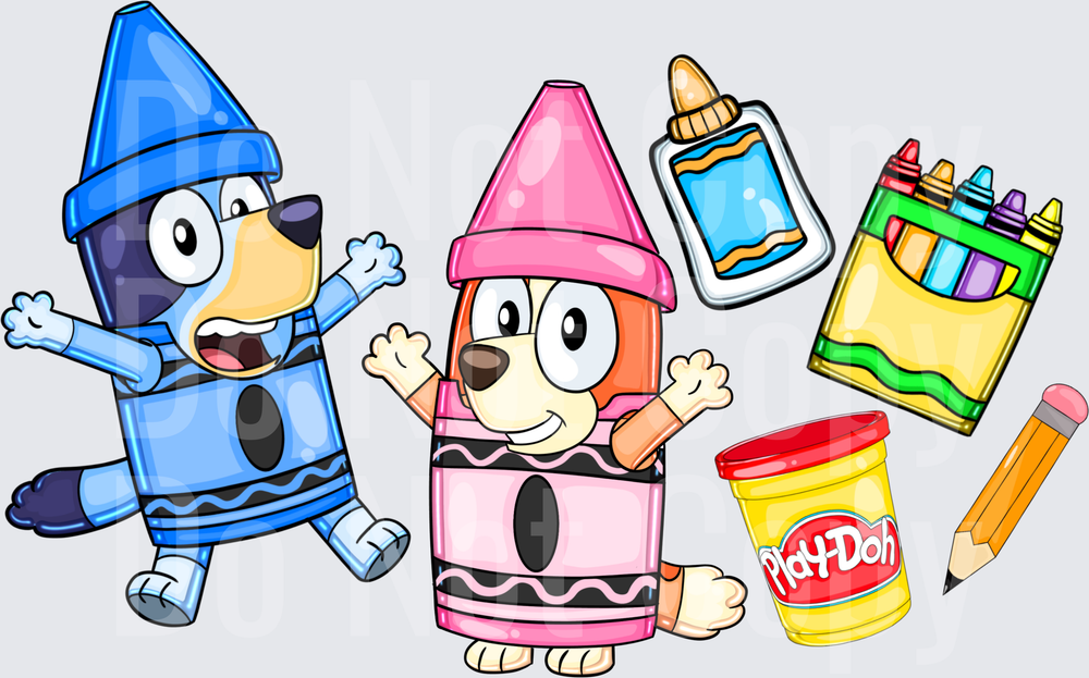 Blue and Pink Cartoon Dogs in Crayon Costumes with School Supplies (DTF)