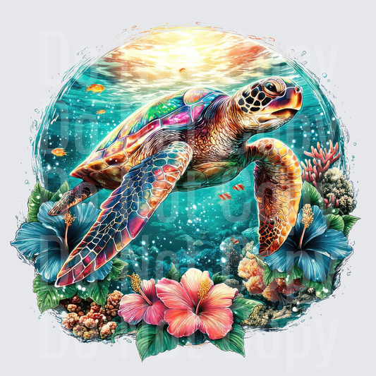 Vibrant Sea Turtle Swimming Through Coral Reef with Hibiscus Flowers (DTF)
