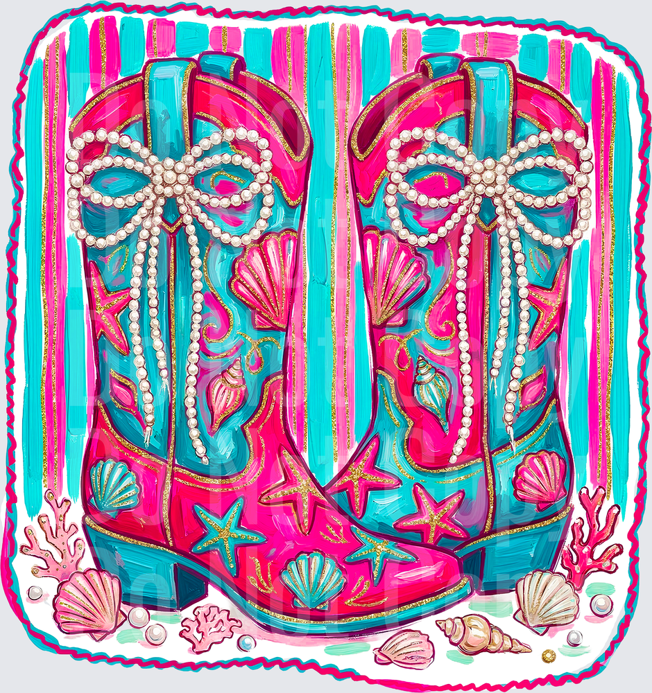 Mermaid Cowboy Boots with Pearl Necklaces and Seashells Ocean Theme (DTF)