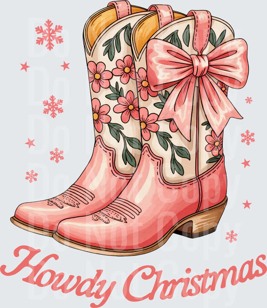 Howdy Christmas Pink Floral Cowboy Boots with Bow (DTF)