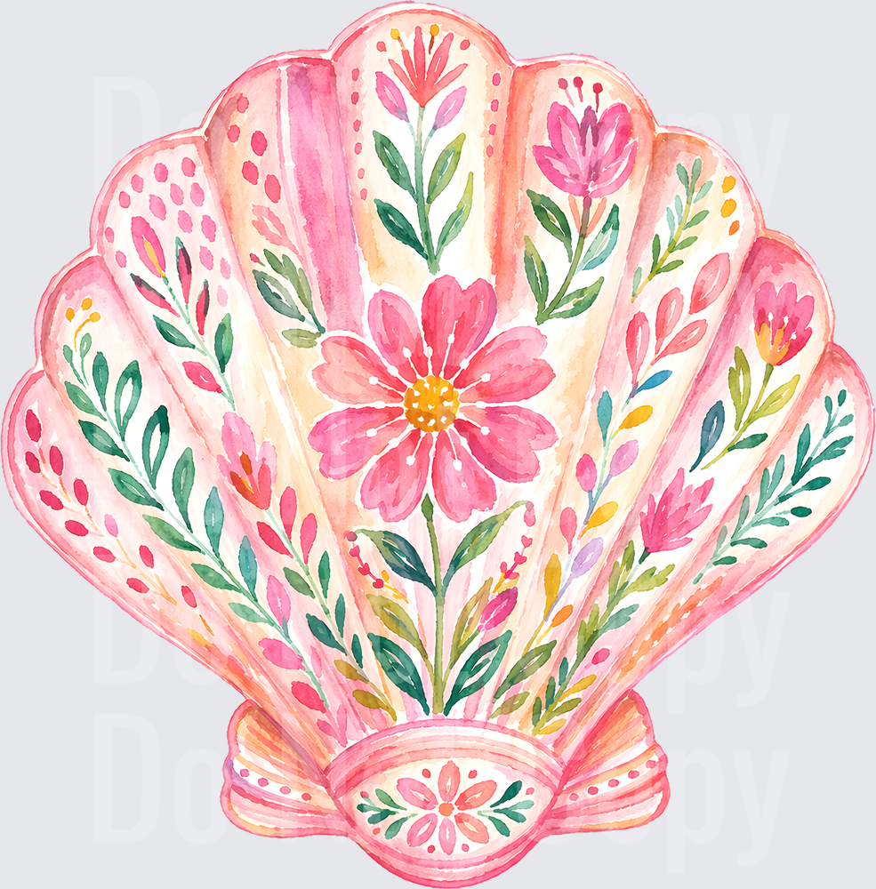 Watercolor Floral Seashell with Pink Blooms and Green Leaves (DTF)