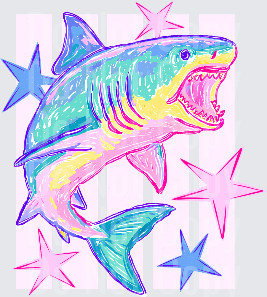 Colorful Rainbow Shark with Pink and Blue Stars (DTF)
