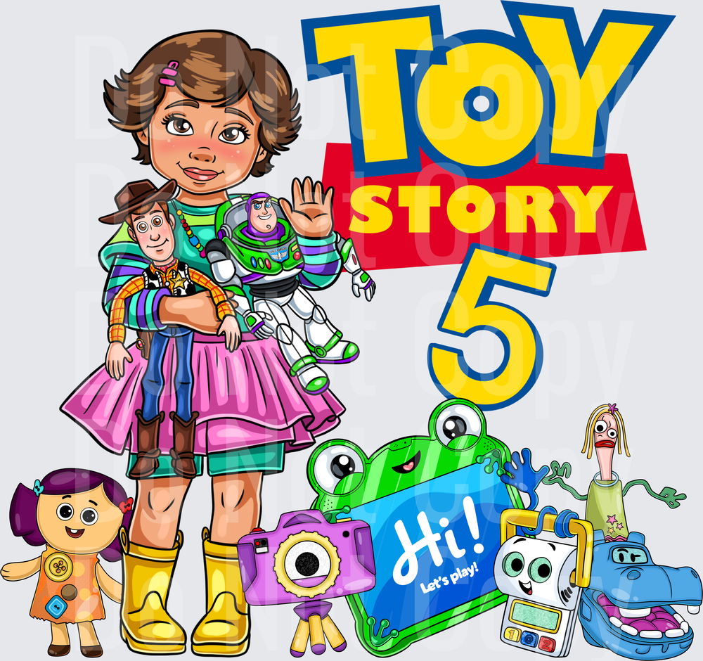 Toy Story 5 Girl Holding Woody Buzz with Toys Logo (DTF)