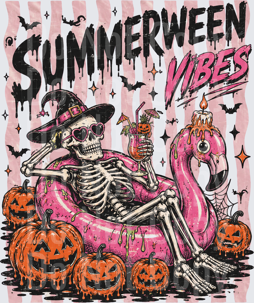 Summerween Vibes Skeleton Witch Flamingo Float Halloween (DTF)