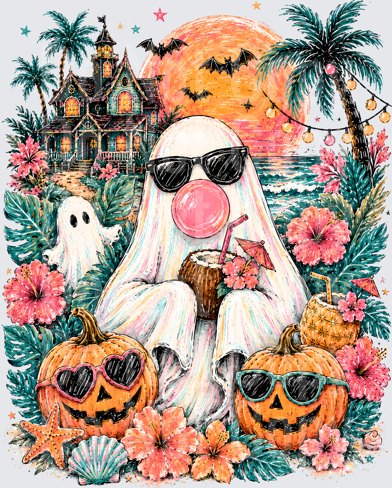 Tropical Halloween Ghost Sunglasses Beach Pumpkins (DTF)
