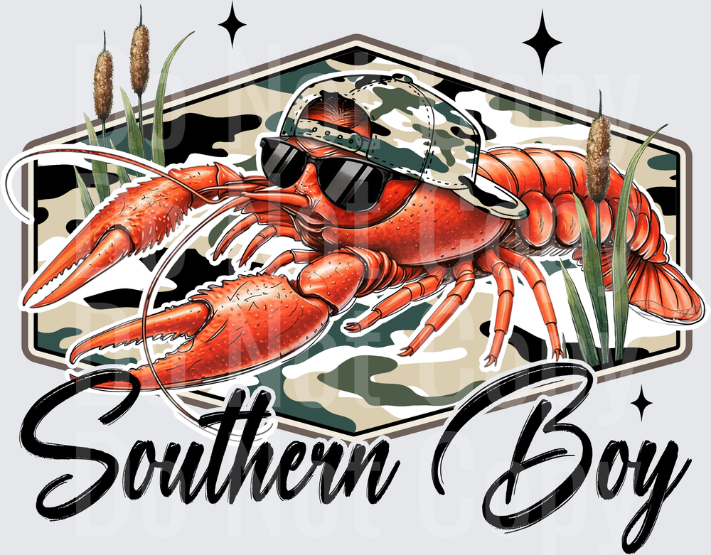Southern Boy Crawfish with Camo Hat and Cattails (DTF)