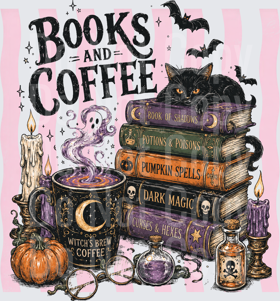 Books and Coffee Witch Halloween Black Cat Spooky (DTF)