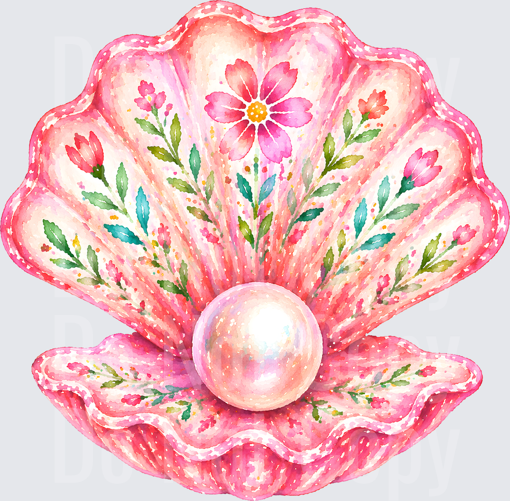 Watercolor Pink Seashell with Pearl and Floral Bouquet (DTF)