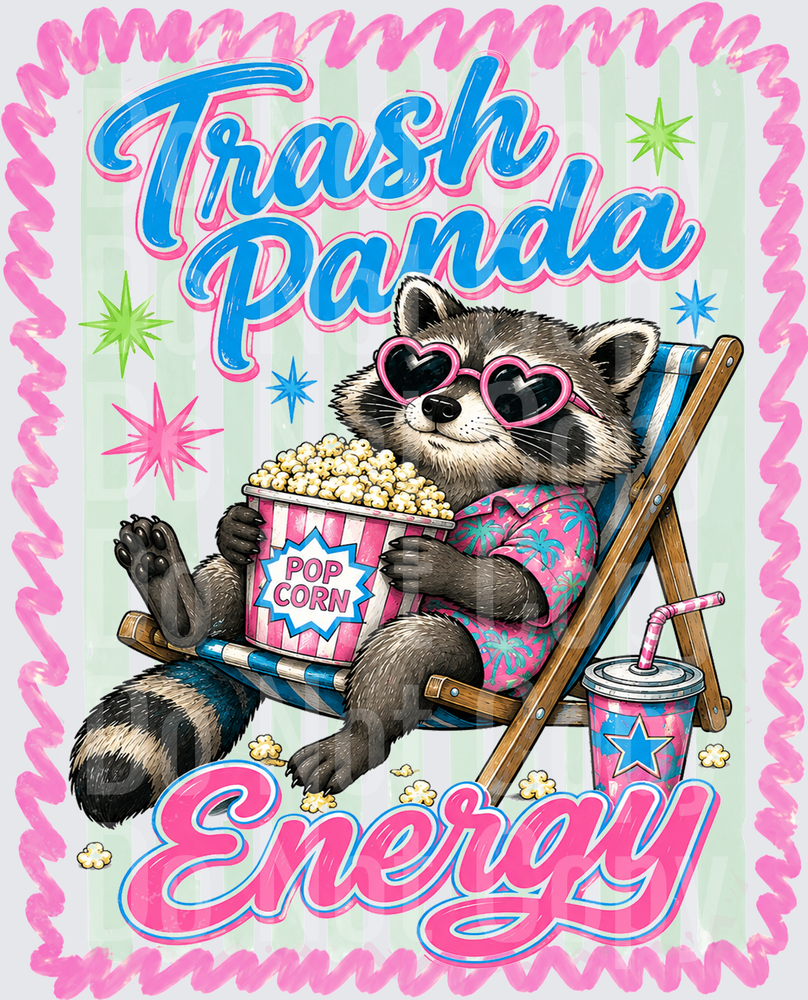 Trash Panda Energy Raccoon Relaxing with Popcorn (DTF)