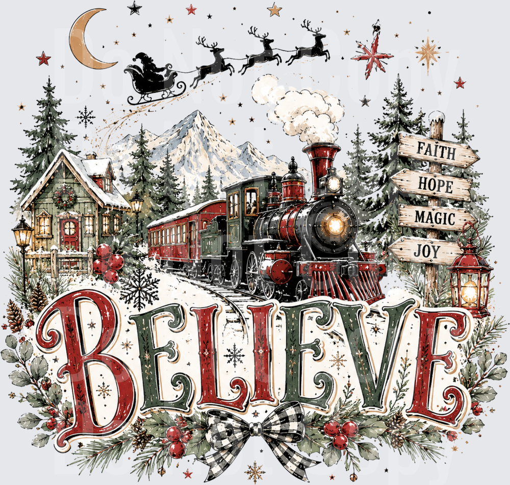 Vintage Christmas Believe Train Santa Sleigh Faith Hope Magic Joy (DTF)