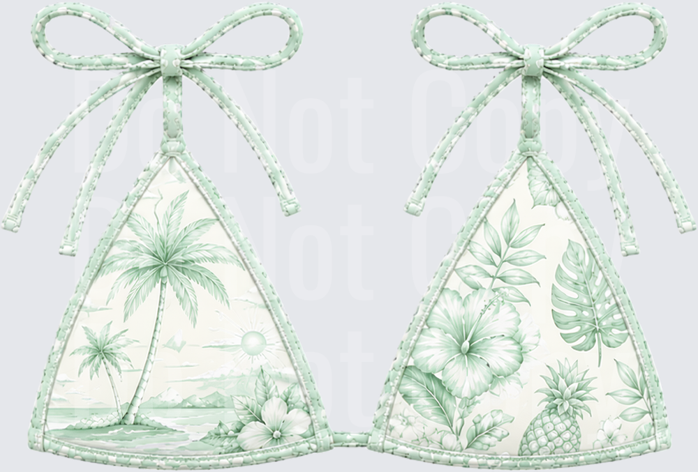 Tropical Green Bikini Top with Palm Trees and Pineapple Print (DTF)