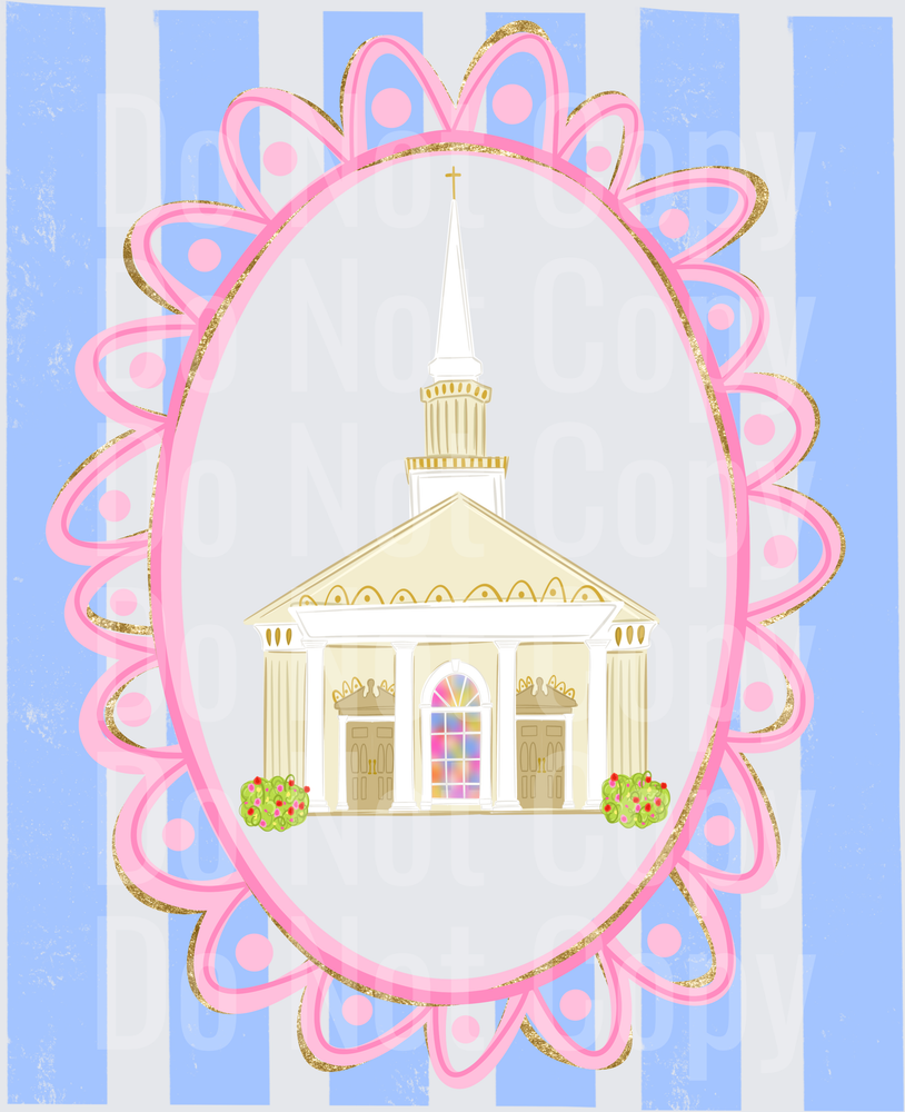Whimsical Church Steeple Pink Floral Oval Frame Blue Stripe (DTF)