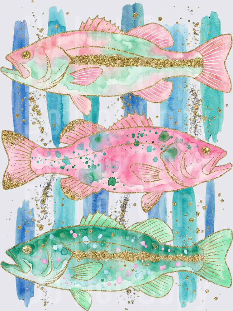 Watercolor Bass Fish Trio with Gold Glitter Accents (DTF)