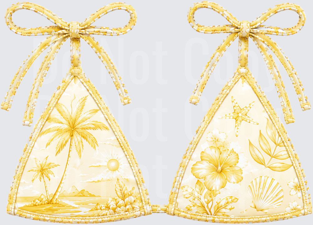 Golden Tropical Bikini Top with Palm Trees and Hibiscus Flowers (DTF)