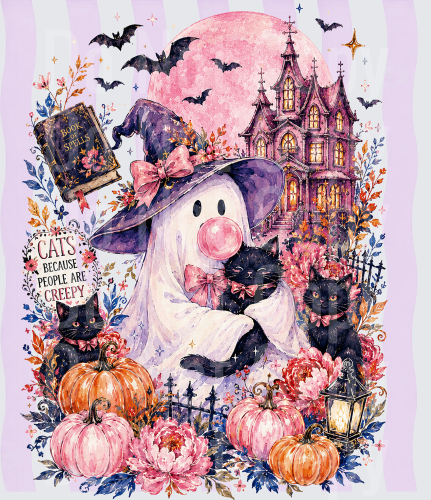 Cute Ghost Witch Black Cats Haunted House Halloween (DTF)