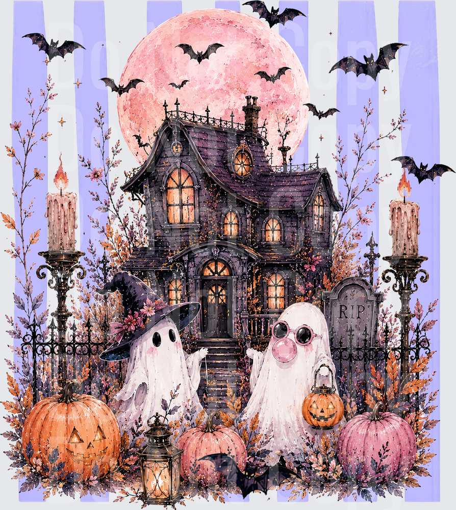 Cute Ghosts Haunted House Pink Moon Halloween Scene ( DTF)