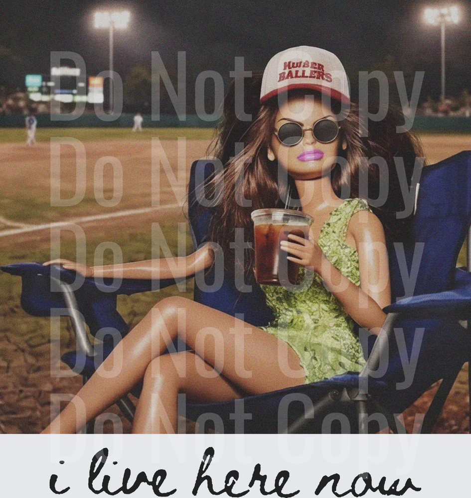 Stylish Woman at Baseball Game with I Live Here Now Text (DTF)