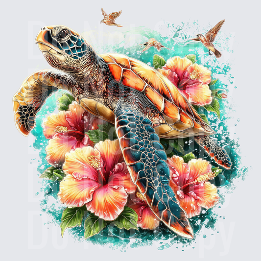 Sea Turtle Swimming with Hibiscus Flowers and Seagulls (DTF)