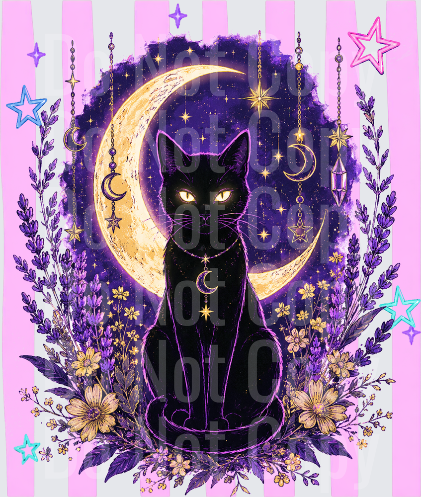 Mystical Black Cat Crescent Moon Lavender Floral ( DTF)