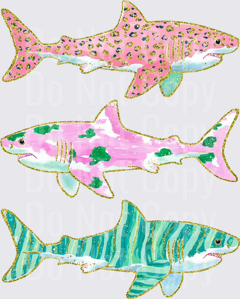 Three Colorful Sharks with Gold Glitter Outlines Pink Leopard Print Tie Dye and Teal Stripes (DTF)