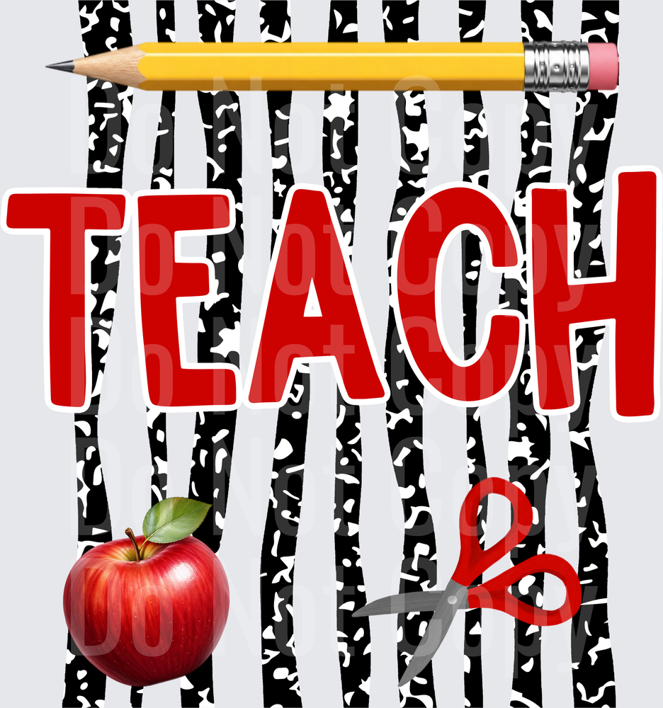 TEACH Bold Red Text Pencil Apple Scissors Zebra Print (DTF)