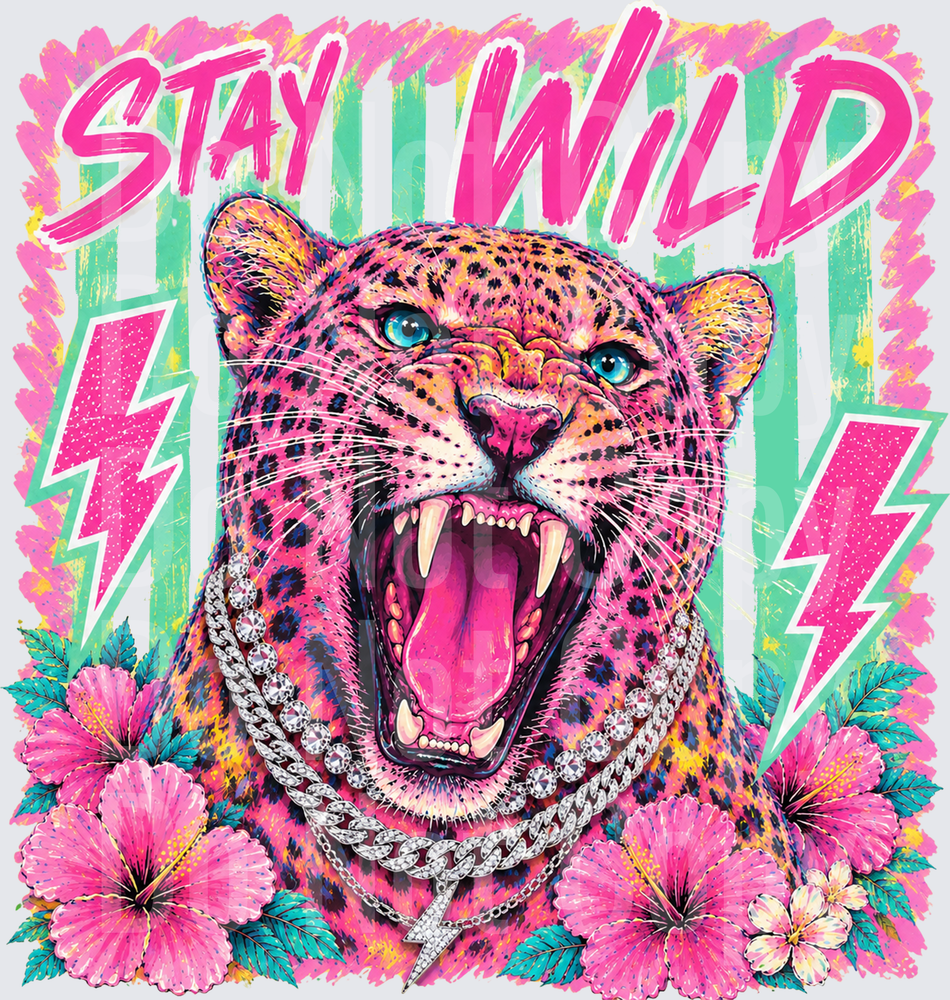 Stay Wild Roaring Pink Leopard Diamond Chain Floral (DTF)