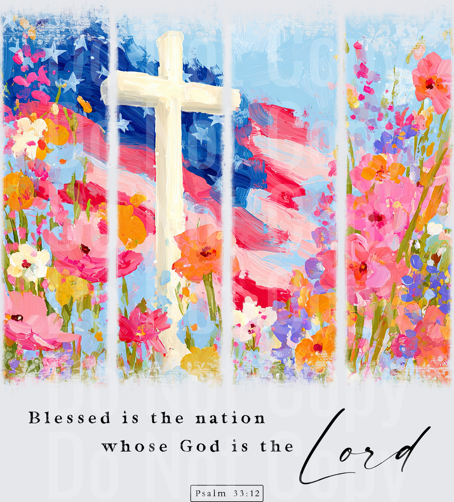 American Flag Cross with Wildflowers Psalm 33:12 Blessed Nation (DTF)