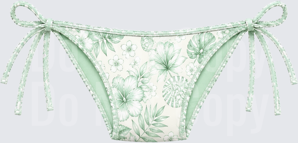 Green Tropical Floral Bikini Bottom with Tie Strings (DTF)