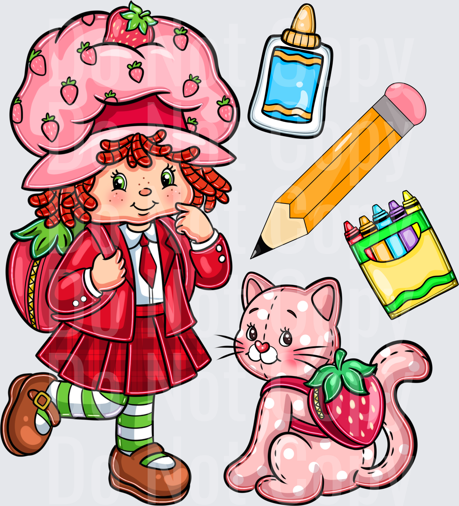 Strawberry Girl Back to School with Kitty and Supplies (DTF)