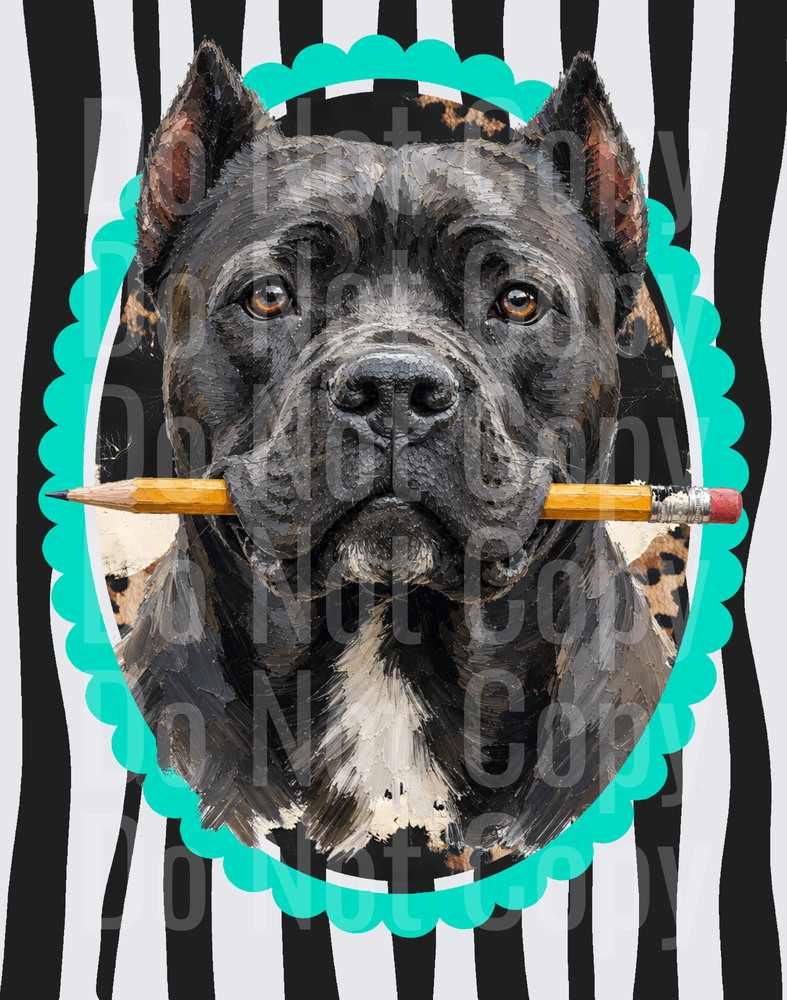 Dark Pit Bull Holding Pencil Scalloped Frame Stripe (DTF)