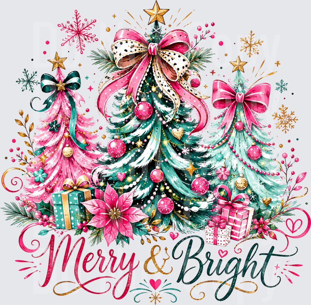 Merry & Bright Pink Christmas Trees with Bows (DTF)