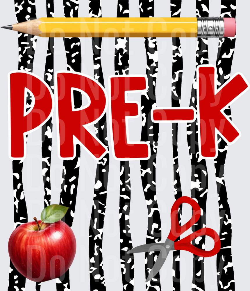 Pre-K Bold Red Text Pencil Apple Scissors School (DTF)