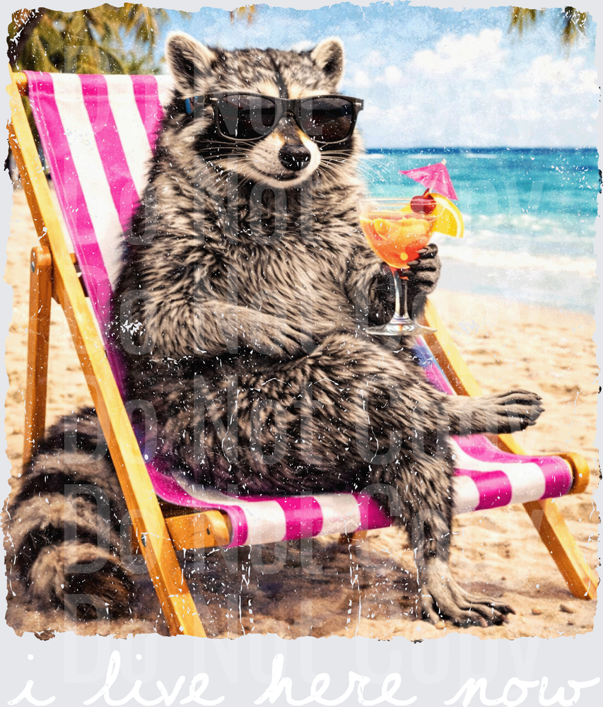 Cool Raccoon in Sunglasses Relaxing on Beach Chair with Tropical Drink (DTF)