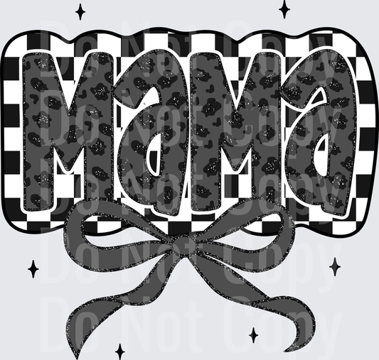 Mama with Leopard Print and Bow Black and White Checkered Design - DTF