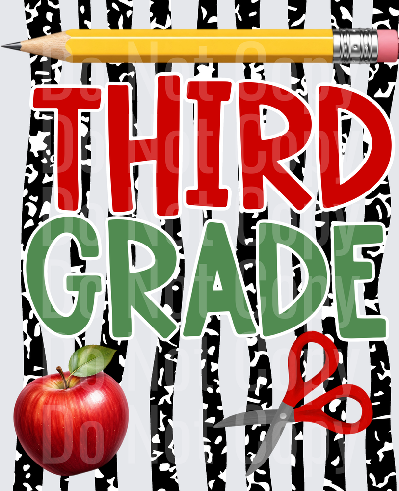 Third Grade School Pencil Apple Scissors Bold Design (DTF)