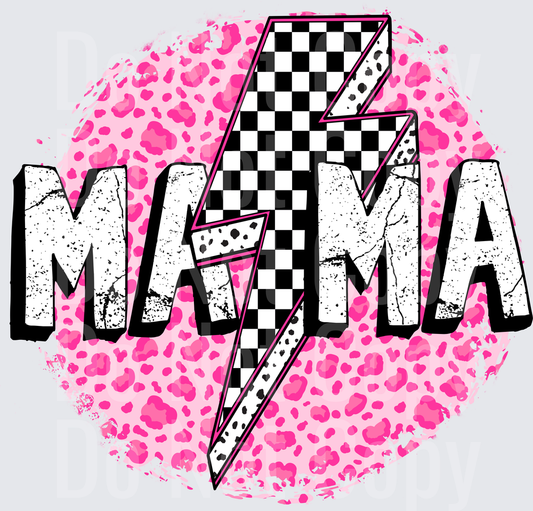 Mama Lightning Bolt Checkered Pattern Pink Leopard Print - DTF