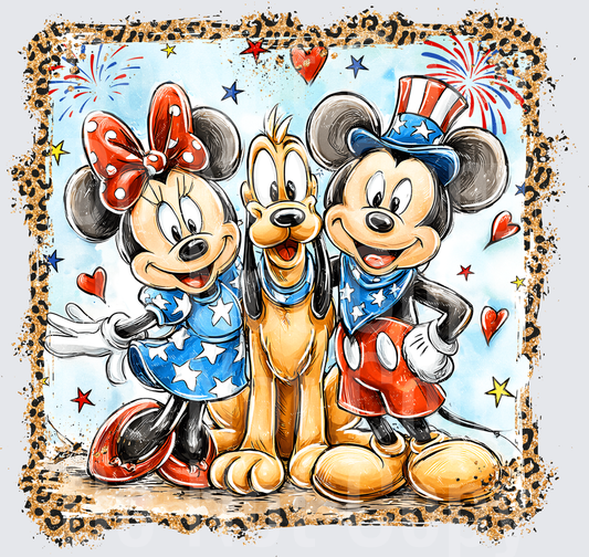 Patriotic Mouse Characters with Fireworks and Stars Celebration (DTF)