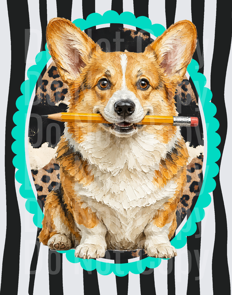 Corgi Holding Pencil Teal Scallop Frame Zebra Leopard (DTF)
