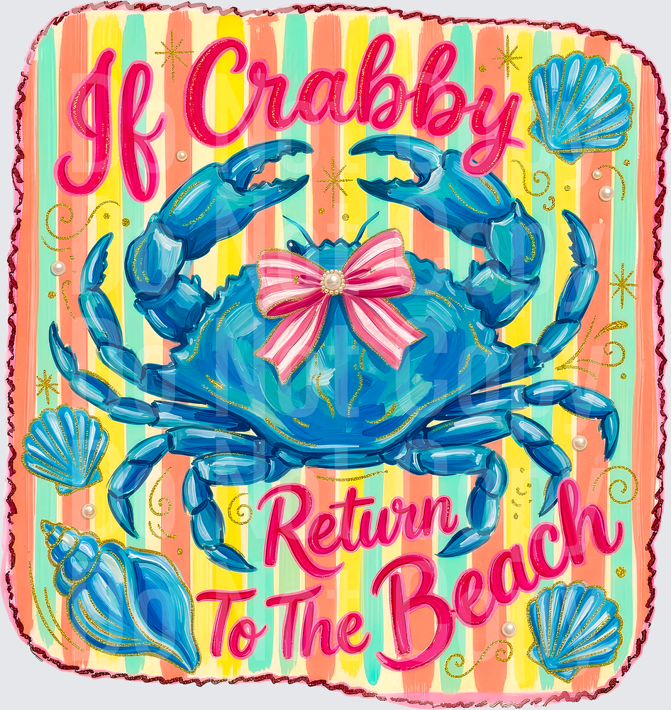 If Crabby Return To The Beach Blue Crab with Pink Bow Seashells Design (DTF)