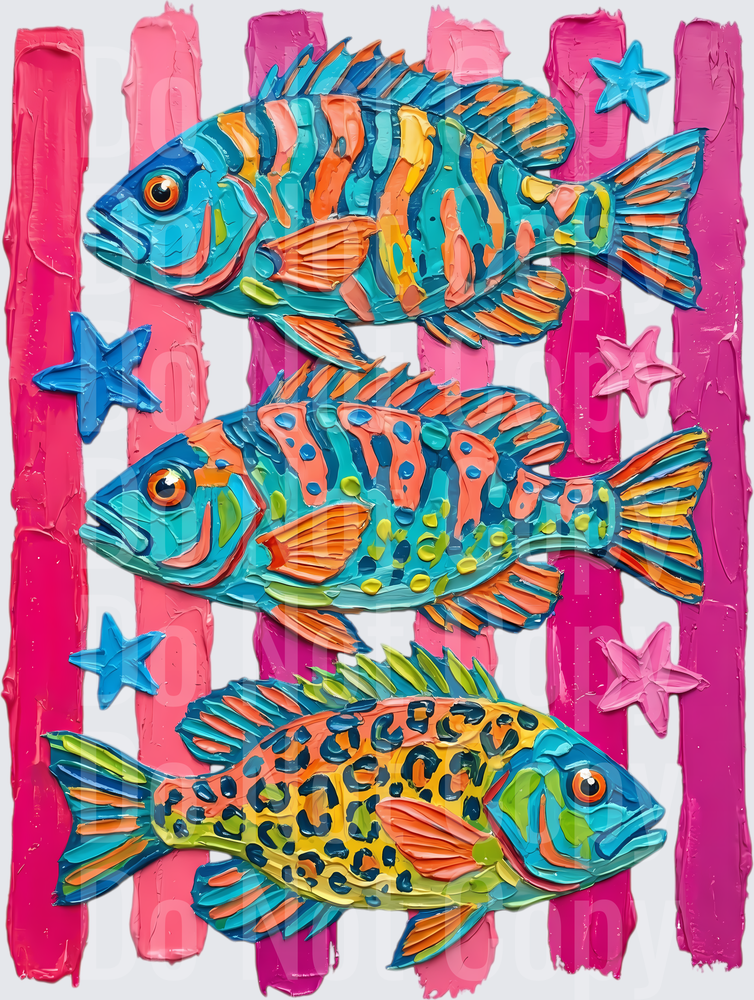 Colorful Tropical Fish Trio with Starfish on Pink Stripes (DTF)